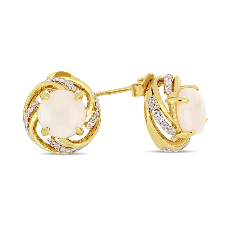 8.0mm Opal and White Topaz Swirl Frame Stud Earrings in Sterling Silver with Yellow Rhodium