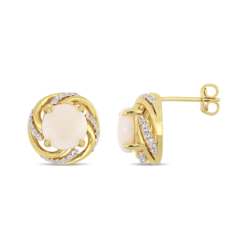 8.0mm Opal and White Topaz Swirl Frame Stud Earrings in Sterling Silver with Yellow Rhodium