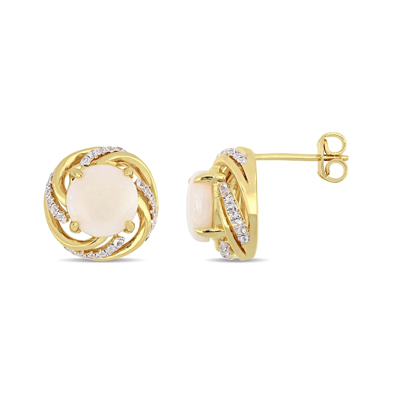 Main Image 2 of 8.0mm Opal and White Topaz Swirl Frame Stud Earrings in Sterling Silver with Yellow Rhodium