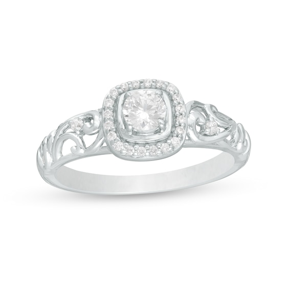 0.37 CT. T.W. Diamond Cushion Frame Filigree Shank Ring in 10K White Gold
