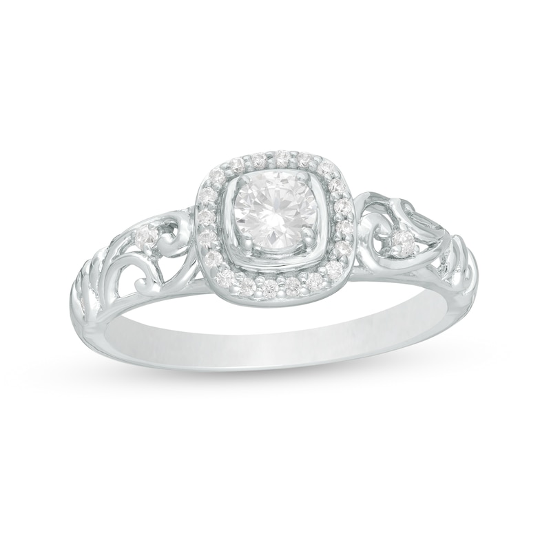 0.37 CT. T.W. Diamond Cushion Frame Filigree Shank Ring in 10K White Gold