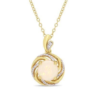 8.0mm Opal, White Topaz and Diamond Accent Swirl Frame Drop Pendant in Sterling Silver with Yellow Rhodium