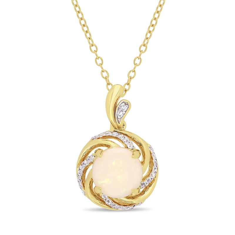 8.0mm Opal, White Topaz and Diamond Accent Swirl Frame Drop Pendant in Sterling Silver with Yellow Rhodium