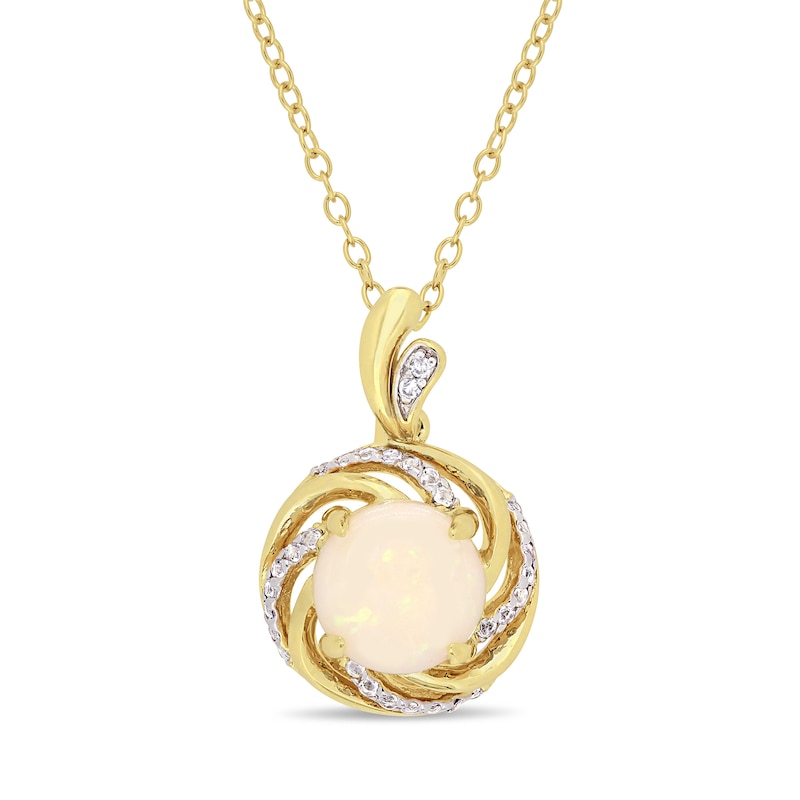 8.0mm Opal, White Topaz and Diamond Accent Swirl Frame Drop Pendant in Sterling Silver with Yellow Rhodium