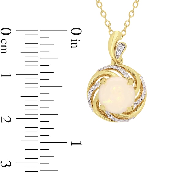 8.0mm Opal, White Topaz and Diamond Accent Swirl Frame Drop Pendant in Sterling Silver with Yellow Rhodium