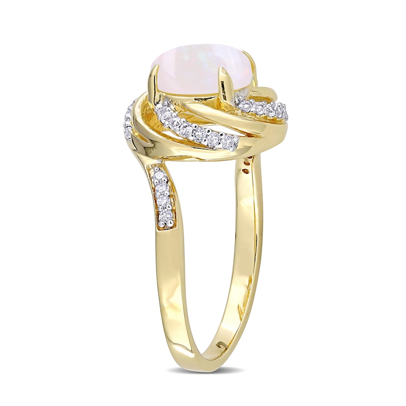 8.0mm Opal, White Topaz and 0.04 CT. T.W. Diamond Swirl Frame Bypass Ring in Sterling Silver with Yellow Rhodium