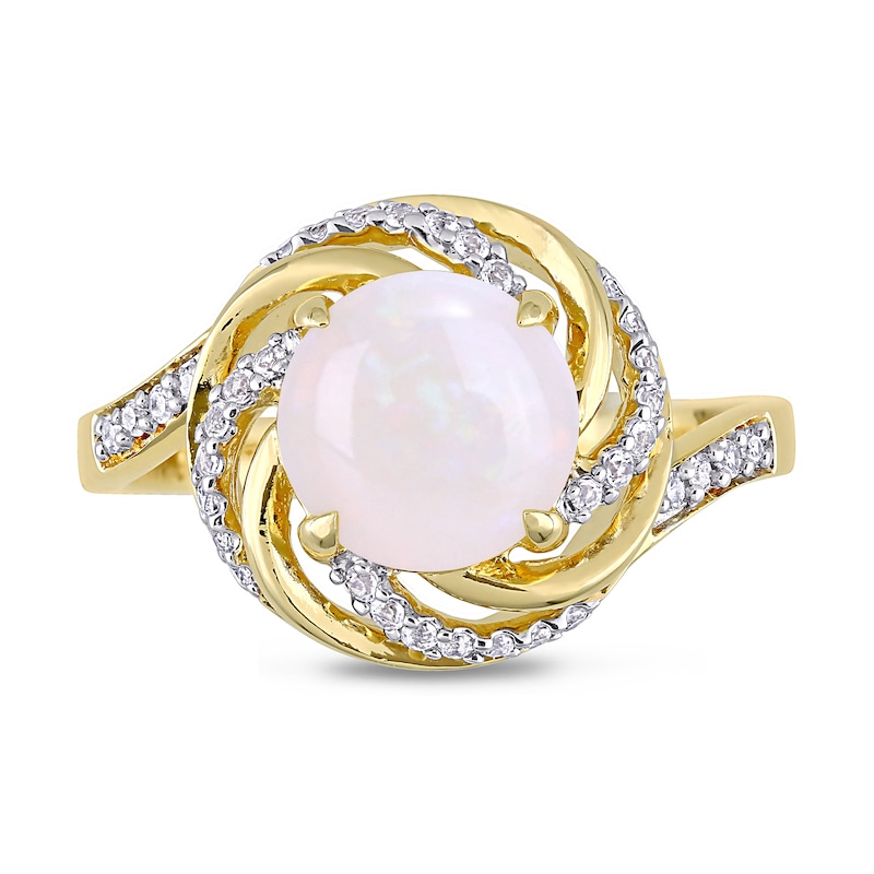 8.0mm Opal, White Topaz and 0.04 CT. T.W. Diamond Swirl Frame Bypass Ring in Sterling Silver with Yellow Rhodium