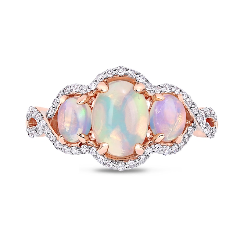 Oval Cabochon Opal and 0.31 CT. T.W. Diamond Frame Three Stone Twist Shank Ring in 10K Rose Gold