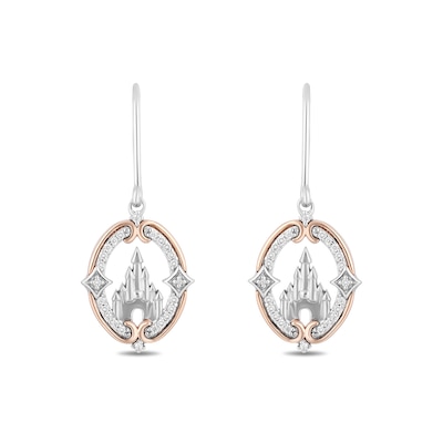 Enchanted Disney Princess 0.145 CT. T.W. Diamond Castle Drop Earrings in Sterling Silver and 10K Rose Gold