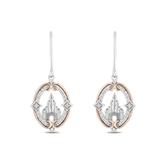 Enchanted Disney Princess 0.145 CT. T.W. Diamond Castle Drop Earrings in Sterling Silver and 10K Rose Gold