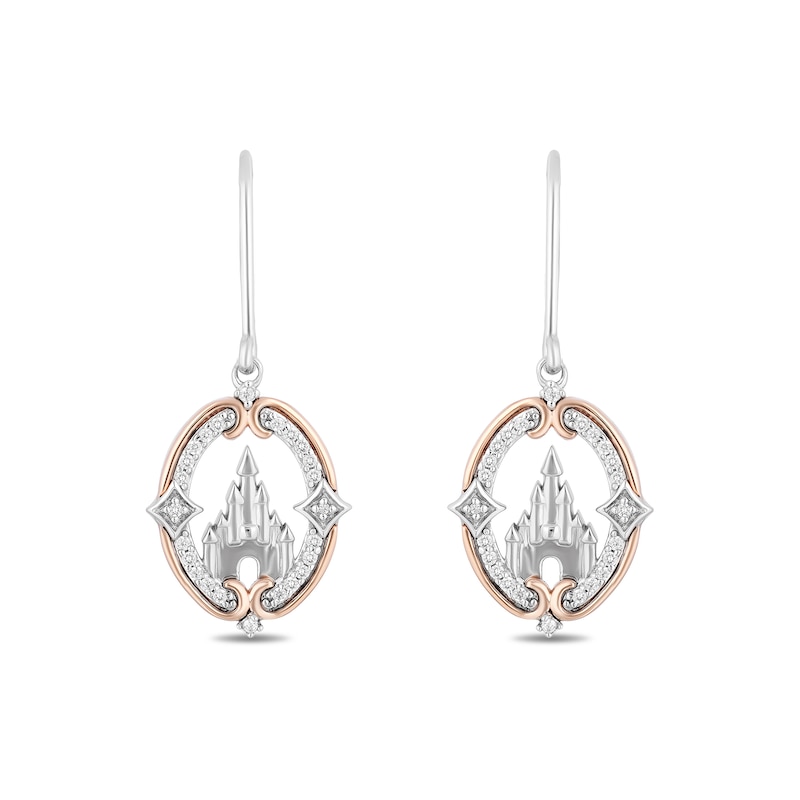 Enchanted Disney Princess 0.145 CT. T.W. Diamond Castle Drop Earrings in Sterling Silver and 10K Rose Gold