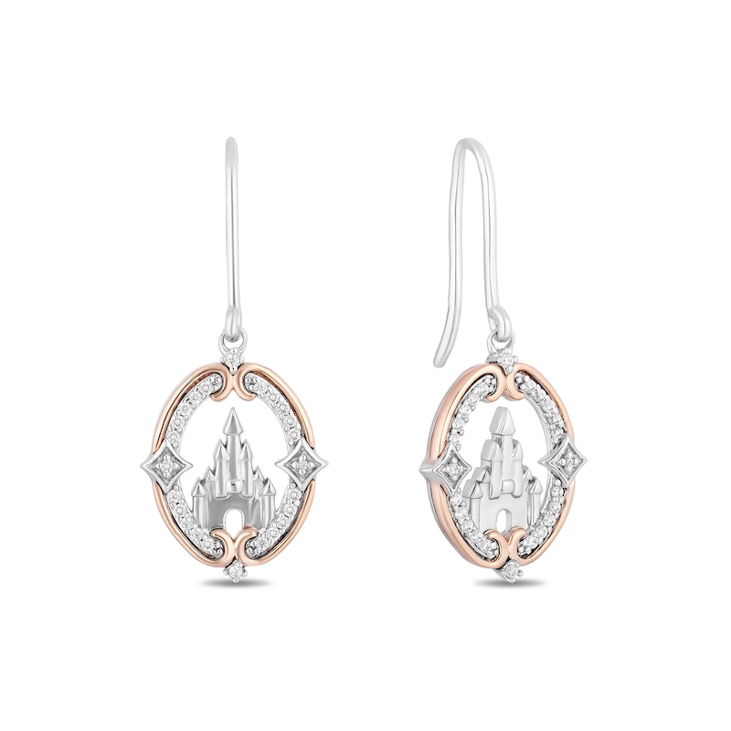 Main Image 2 of Enchanted Disney Princess 0.145 CT. T.W. Diamond Castle Drop Earrings in Sterling Silver and 10K Rose Gold