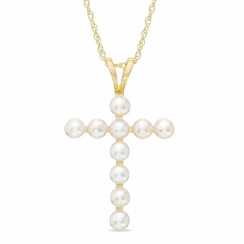 2.5-2.75mm Button Freshwater Cultured Pearl Cross Pendant in 10K Gold