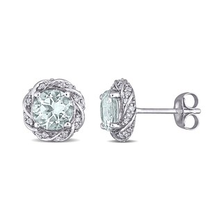 6.0mm Aquamarine and 0.19 CT. T.W. Diamond Swirl Frame Stud Earrings in 10K White Gold