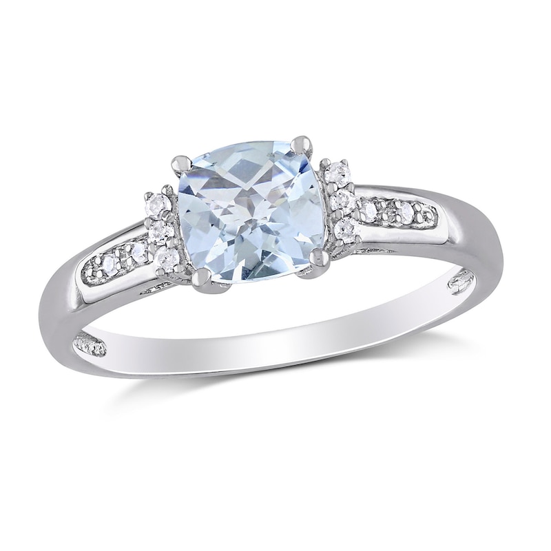 Main Image 1 of 6.0mm Chequerboard Cushion-Shaped Aquamarine and 0.05 CT. T.W. Diamond Trio Collar Ring in Sterling Silver
