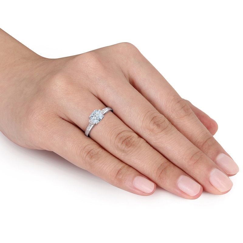 Main Image 2 of 6.0mm Chequerboard Cushion-Shaped Aquamarine and 0.05 CT. T.W. Diamond Trio Collar Ring in Sterling Silver