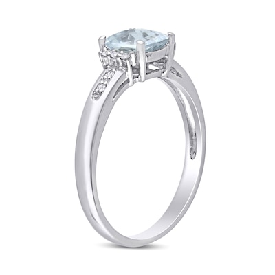 6.0mm Chequerboard Cushion-Shaped Aquamarine and 0.05 CT. T.W. Diamond Trio Collar Ring in Sterling Silver