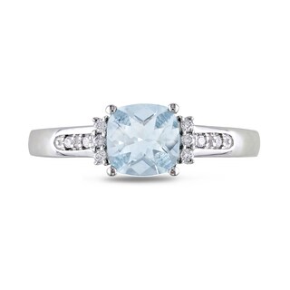 6.0mm Chequerboard Cushion-Shaped Aquamarine and 0.05 CT. T.W. Diamond Trio Collar Ring in Sterling Silver