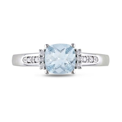 6.0mm Chequerboard Cushion-Shaped Aquamarine and 0.05 CT. T.W. Diamond Trio Collar Ring in Sterling Silver