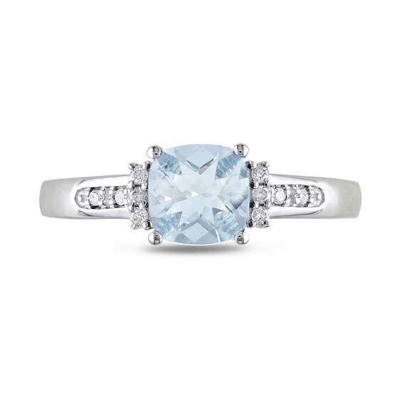 6.0mm Chequerboard Cushion-Shaped Aquamarine and 0.05 CT. T.W. Diamond Trio Collar Ring in Sterling Silver