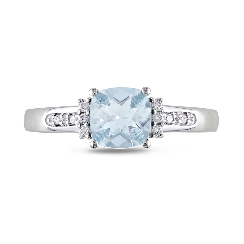 Main Image 4 of 6.0mm Chequerboard Cushion-Shaped Aquamarine and 0.05 CT. T.W. Diamond Trio Collar Ring in Sterling Silver