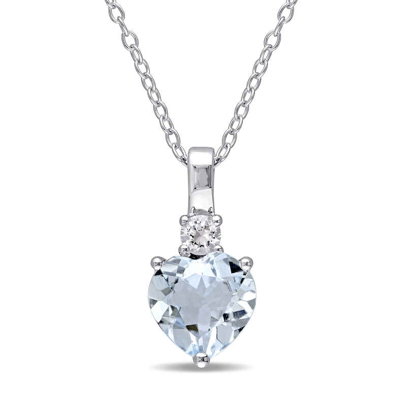 8.0mm Heart-Shaped Aquamarine and Lab-Created White Sapphire Pendant in Sterling Silver