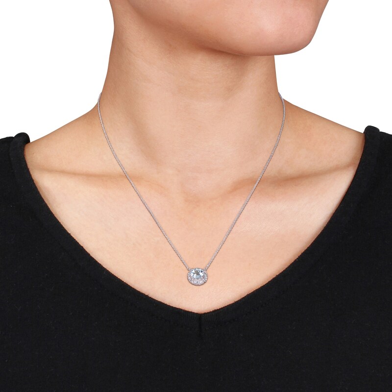 Main Image 2 of 7.0mm Aquamarine and 0.12 CT. T.W. Diamond Swirl Frame Necklace in 10K White Gold - 17"