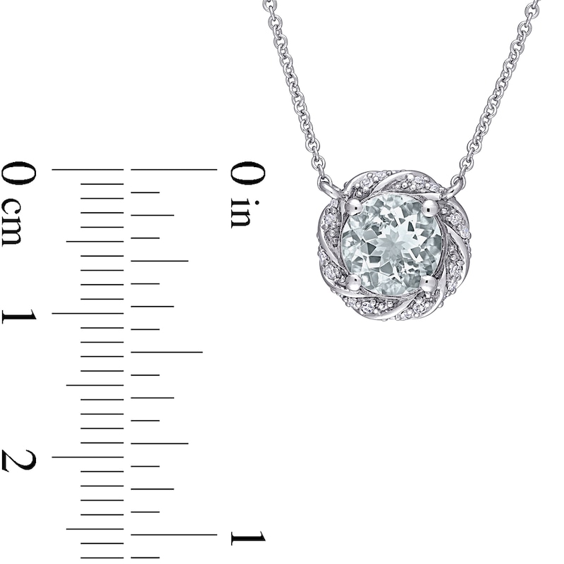 Main Image 3 of 7.0mm Aquamarine and 0.12 CT. T.W. Diamond Swirl Frame Necklace in 10K White Gold - 17"