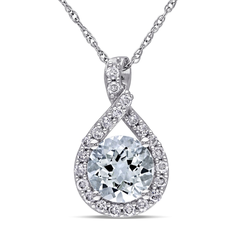 Main Image 1 of 7.0mm Aquamarine and 0.22 CT. T.W. Diamond Twisted Teardrop Pendant in 10K White Gold - 17"