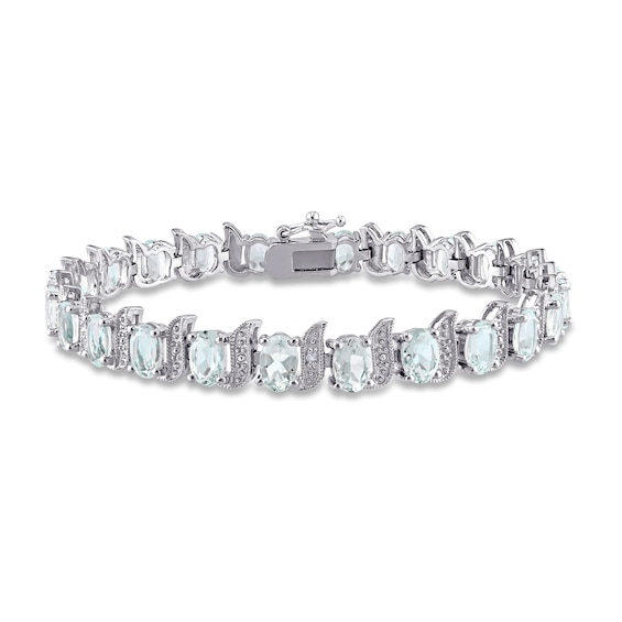 Oval Aquamarine and Diamond Accent Beaded "S" Tennis Bracelet in Sterling Silver