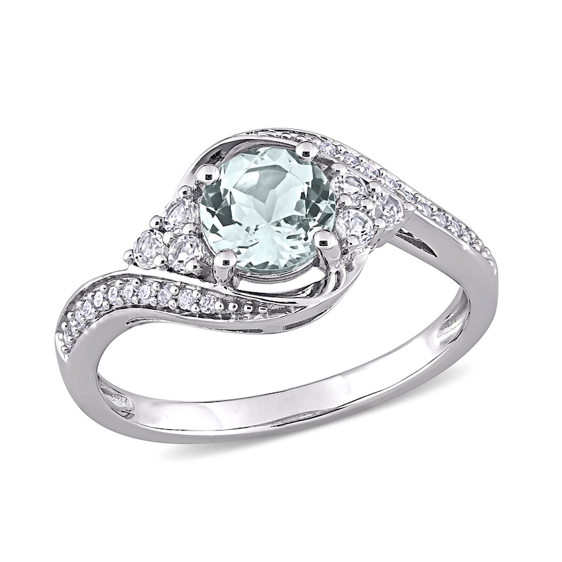 6.0mm Aquamarine, White Topaz and 0.10 CT. T.W. Diamond Tri-Sides Bypass Ring in 10K White Gold