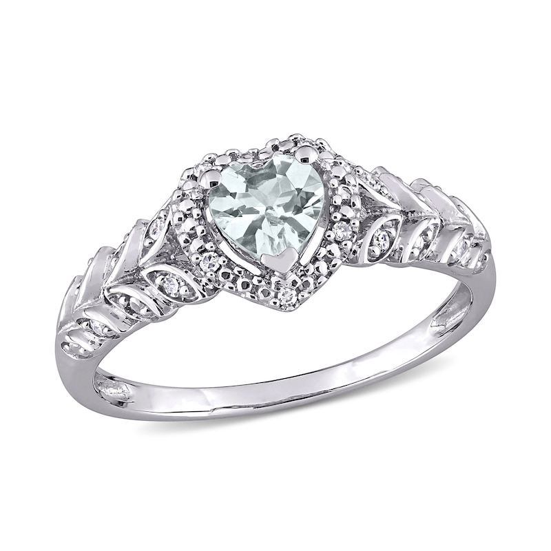 5.0mm Heart-Shaped Aquamarine and 0.05 CT. T.W. Diamond Bead Frame Leaf Shank Ring in 10K White Gold