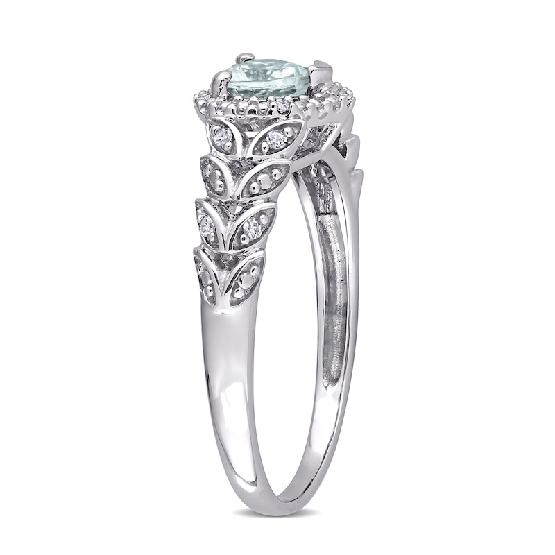 5.0mm Heart-Shaped Aquamarine and 0.05 CT. T.W. Diamond Bead Frame Leaf Shank Ring in 10K White Gold