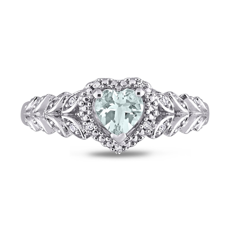 5.0mm Heart-Shaped Aquamarine and 0.05 CT. T.W. Diamond Bead Frame Leaf Shank Ring in 10K White Gold