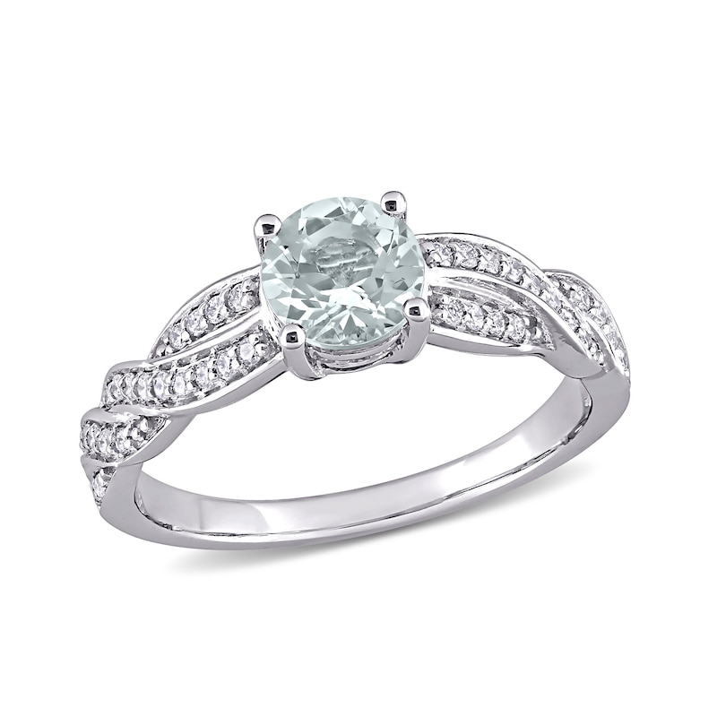6.0mm Aquamarine and 0.23 CT. T.W. Diamond Twist Shank Ring in 14K White Gold|Peoples Jewellers