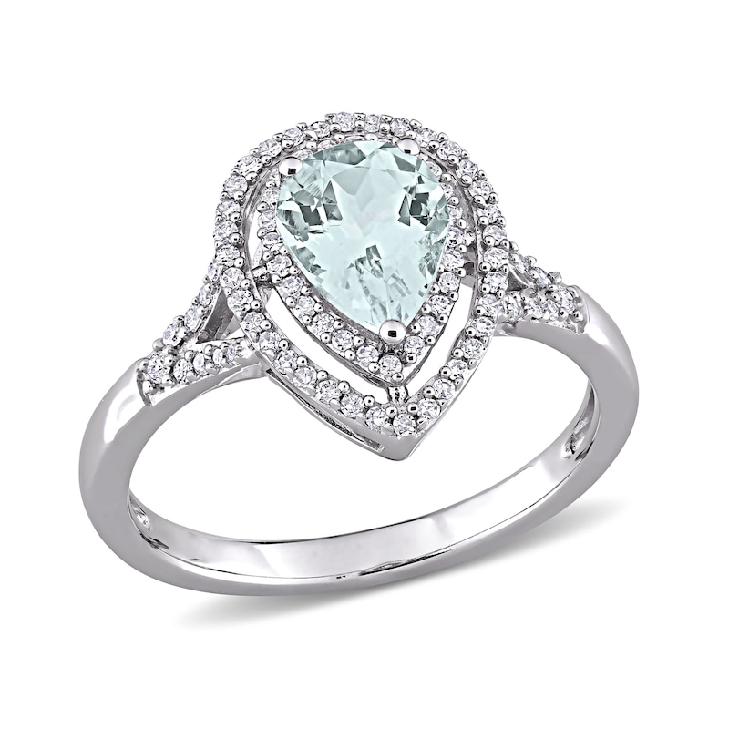 Main Image 1 of Pear-Shaped Aquamarine and 0.25 CT. T.W. Diamond Open Double Frame Split Shank Ring in 14K White Gold