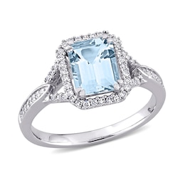Emerald-Cut Aquamarine and 0.20 CT. T.W. Diamond Octagonal Frame Tapered Shank Ring in 14K White Gold
