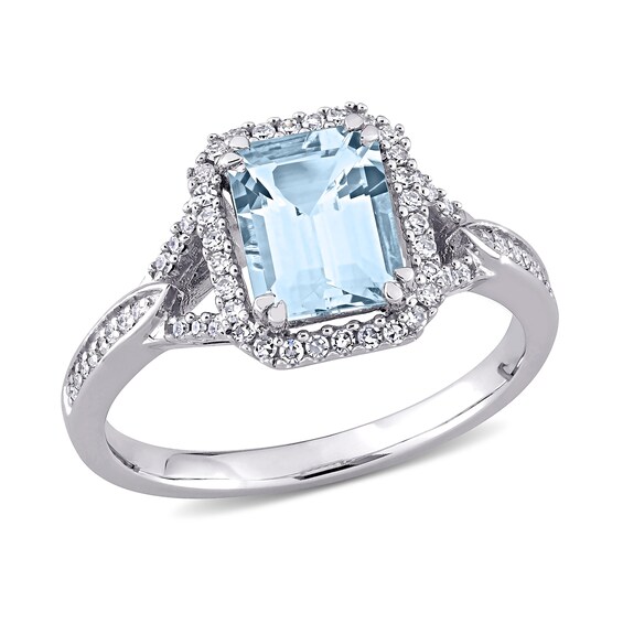 Emerald-Cut Aquamarine and 0.20 CT. T.W. Diamond Octagonal Frame Tapered Shank Ring in 14K White Gold