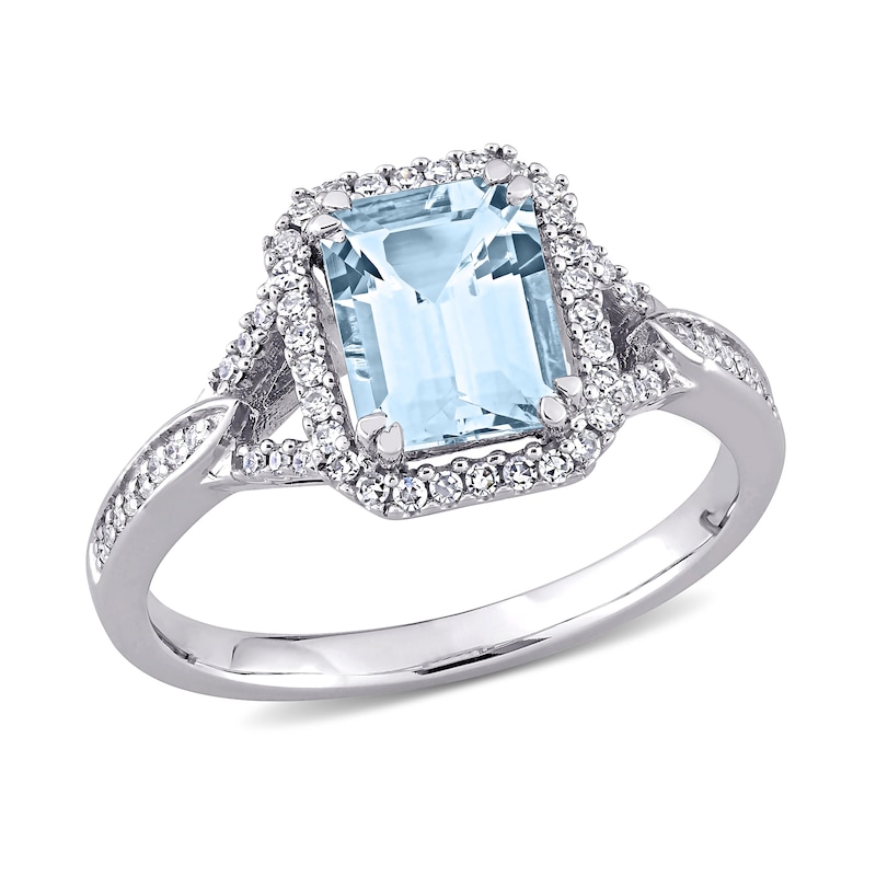 Emerald-Cut Aquamarine and 0.20 CT. T.W. Diamond Octagonal Frame Tapered Shank Ring in 14K White Gold