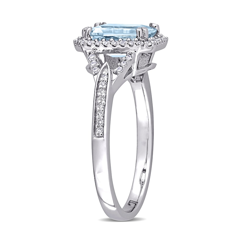 Main Image 3 of Emerald-Cut Aquamarine and 0.20 CT. T.W. Diamond Octagonal Frame Tapered Shank Ring in 14K White Gold