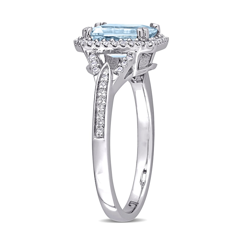 Emerald-Cut Aquamarine and 0.20 CT. T.W. Diamond Octagonal Frame Tapered Shank Ring in 14K White Gold