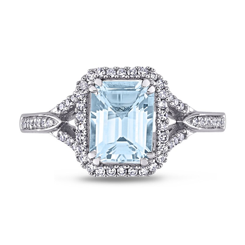 Main Image 4 of Emerald-Cut Aquamarine and 0.20 CT. T.W. Diamond Octagonal Frame Tapered Shank Ring in 14K White Gold