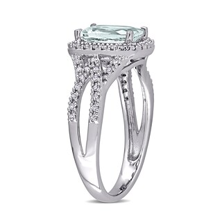 Cushion-Cut Aquamarine and 0.17 CT. T.W. Diamond Frame Tapered Split Shank Ring in 10K White Gold