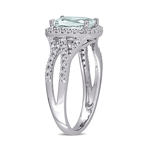 Cushion-Cut Aquamarine and 0.17 CT. T.W. Diamond Frame Tapered Split Shank Ring in 10K White Gold