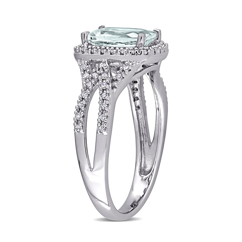 Cushion-Cut Aquamarine and 0.17 CT. T.W. Diamond Frame Tapered Split Shank Ring in 10K White Gold