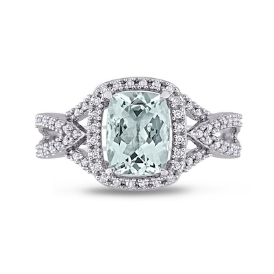 Cushion-Cut Aquamarine and 0.17 CT. T.W. Diamond Frame Tapered Split Shank Ring in 10K White Gold