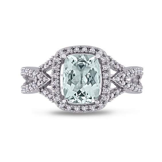 Cushion-Cut Aquamarine and 0.17 CT. T.W. Diamond Frame Tapered Split Shank Ring in 10K White Gold