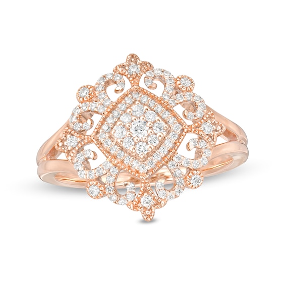 0.23 CT. T.W. Composite Diamond Tilted Cushion Ornate Vintage-Style Ring in 10K Rose Gold