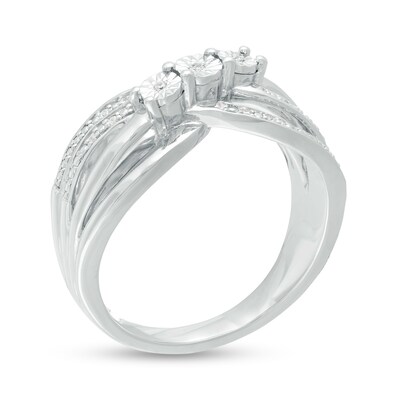 Diamond Accent Three Stone Bypass Split Shank Promise Ring in Sterling Silver