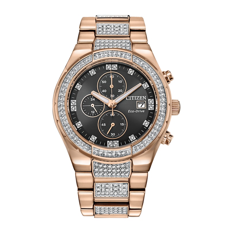 Men's Citizen Eco-Drive® Crystal Accent Rose-Tone Chronograph Watch with Black Dial (Model: CA0753-55E)|Peoples Jewellers